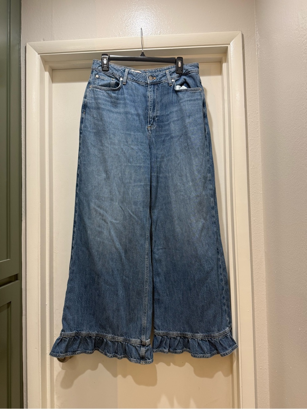 Pilcro Denim Wide-Leg Jeans with Ruffle Hem - Blue